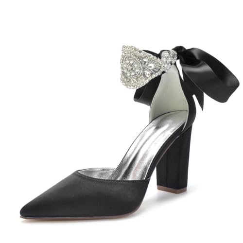 Damen Spitze Zehenpartie Satin Heels Knöchelriemen Hochzeit Party Blockabsätze Strass Formelle Schuhe für Veranstaltungen,Schwarz,40 EU von JZWBLDS