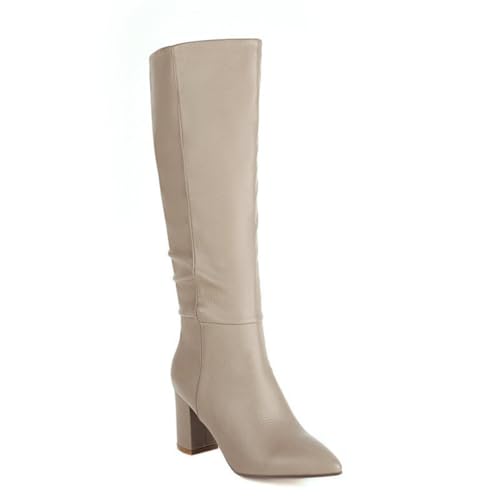 Damen Stiefel Knöchelhoch Mit Blockabsatz und Spitzer Zehe Bequem Schlupf Modisch Elegant für jeden Anlass,Beige,41 EU von JZWBLDS