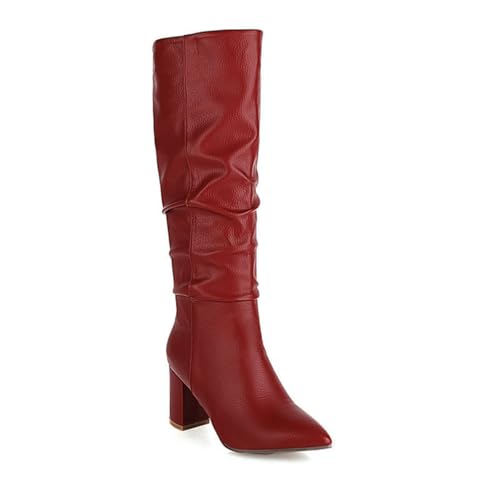 Damen Stiefel Knöchelhoch Mit Blockabsatz und Spitzer Zehe Bequem Schlupf Modisch Elegant für jeden Anlass,Rot,34 EU von JZWBLDS