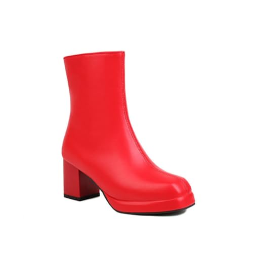 Damen Stiefel Mittellang mit Quadratischer Zehe Blockabsatz Plateau für Herbst Winter - Stilvoll & Bequem,Rot,35 EU von JZWBLDS