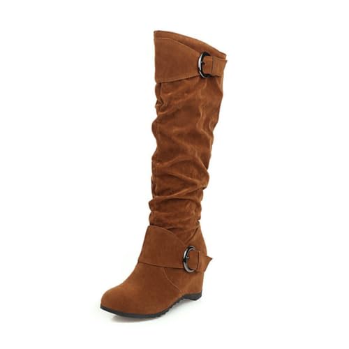 Damen Stiefel mit Keilabsatz Knöchelhoch aus Wildleder Reitstil mit Elastischer Seitenteil - Eleganz und Komfort zum Schlüpfen,Braun,40 EU von JZWBLDS