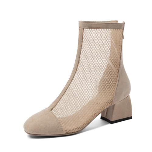 Damen Stiefeletten Mit Niedrigem Blockabsatz Spitze Mesh Braut- Und Hochzeitsgäste Abendkleidung Mit Reißverschluss Hinten,Beige,37 EU von JZWBLDS