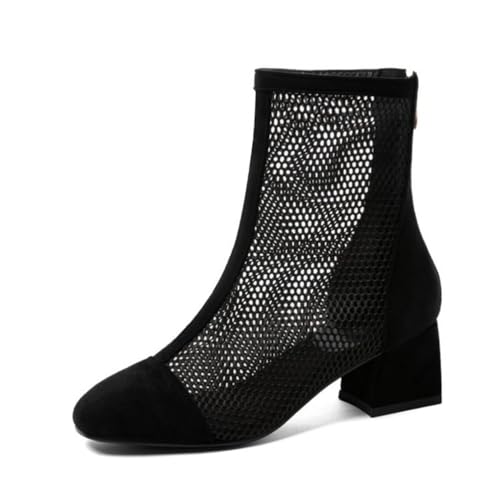 Damen Stiefeletten Mit Niedrigem Blockabsatz Spitze Mesh Braut- Und Hochzeitsgäste Abendkleidung Mit Reißverschluss Hinten,Schwarz,37 EU von JZWBLDS