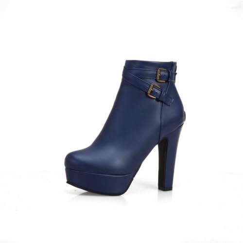 Damen Stiefeletten mit Plateauabsatz Blockabsatz und Seitlicher Reißverschluss für Herbst Winter - Stilvoll & Modisch,Blau,44 EU von JZWBLDS