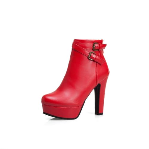 Damen Stiefeletten mit Plateauabsatz Blockabsatz und Seitlicher Reißverschluss für Herbst Winter - Stilvoll & Modisch,Rot,45 EU von JZWBLDS
