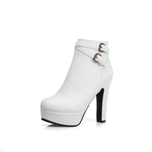 Damen Stiefeletten mit Plateauabsatz Blockabsatz und Seitlicher Reißverschluss für Herbst Winter - Stilvoll & Modisch,Weiß,38 EU von JZWBLDS