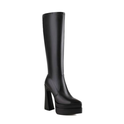 Elegante Damen Stiefel Knöchelhoch mit Spitzer Zehe Doppelter Plateauabsatz und Seitlicher Reißverschluss - Stilvoll und Bequem,Matte Black,39 EU von JZWBLDS