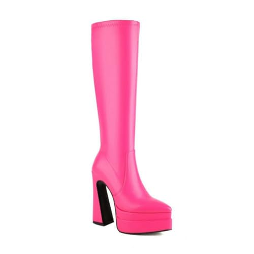 Elegante Damen Stiefel Knöchelhoch mit Spitzer Zehe Doppelter Plateauabsatz und Seitlicher Reißverschluss - Stilvoll und Bequem,Matte Fuchsia,34 EU von JZWBLDS