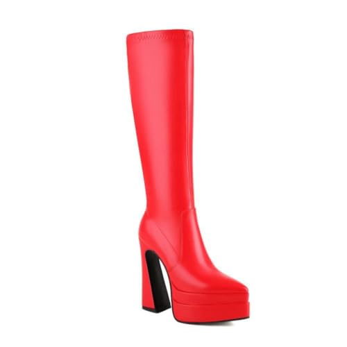 Elegante Damen Stiefel Knöchelhoch mit Spitzer Zehe Doppelter Plateauabsatz und Seitlicher Reißverschluss - Stilvoll und Bequem,Matte red,45 EU von JZWBLDS