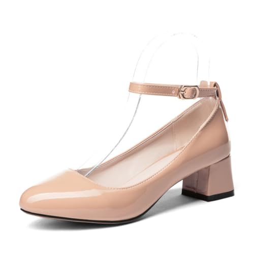 Frauen Niedriger Blockabsatz Hochzeit Pumps Runde Zehe Braut Formelles Kleid Schuhe Knöchelriemen Büro Absätze,Flesh,46 EU von JZWBLDS
