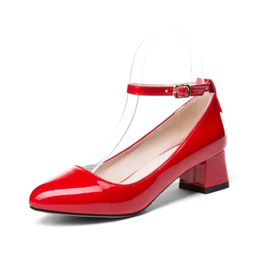 Frauen Niedriger Blockabsatz Hochzeit Pumps Runde Zehe Braut Formelles Kleid Schuhe Knöchelriemen Büro Absätze,Rot,39 EU von JZWBLDS