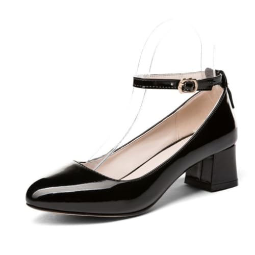 Frauen Niedriger Blockabsatz Hochzeit Pumps Runde Zehe Braut Formelles Kleid Schuhe Knöchelriemen Büro Absätze,Schwarz,40 EU von JZWBLDS