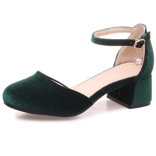 Frauen Samt Rund - Zehe Hochzeit Pumps Retro 4Cm Block Absatz Gäste Schuhe Knöchelriemen Braut Party Kleid Absätze,Grün,38 EU von JZWBLDS