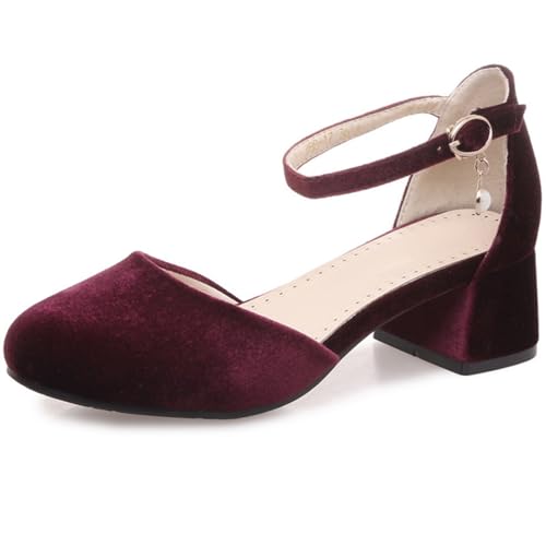 Frauen Samt Rund - Zehe Hochzeit Pumps Retro 4Cm Block Absatz Gäste Schuhe Knöchelriemen Braut Party Kleid Absätze,Rot,46 EU von JZWBLDS