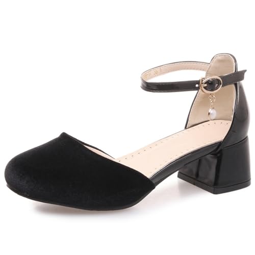 Frauen Samt Rund - Zehe Hochzeit Pumps Retro 4Cm Block Absatz Gäste Schuhe Knöchelriemen Braut Party Kleid Absätze,Schwarz,47 EU von JZWBLDS