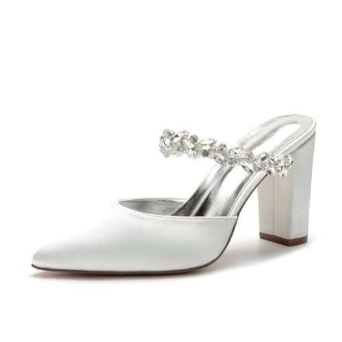 Frauen Satin Blockabsatz Party Pantoletten Strass Riemen Hochzeit Brautkleid Pumps Spitze Zehe Abend Absätze,Elfenbein,43 EU von JZWBLDS