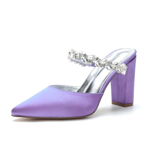 Frauen Satin Blockabsatz Party Pantoletten Strass Riemen Hochzeit Brautkleid Pumps Spitze Zehe Abend Absätze,Light Purple,39 EU von JZWBLDS