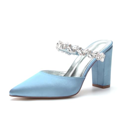 Frauen Satin Blockabsatz Party Pantoletten Strass Riemen Hochzeit Brautkleid Pumps Spitze Zehe Abend Absätze,Sky Blue,42 EU Frauen Satin Blockabsatz Party Pantoletten Strass Riemen Hochzeit Brautkleid Pumps Spitze Zehe Abend Absätze,Sky Blue,42 EU von JZWBLDS
