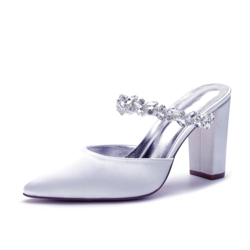 Frauen Satin Blockabsatz Party Pantoletten Strass Riemen Hochzeit Brautkleid Pumps Spitze Zehe Abend Absätze,Weiß,37 EU von JZWBLDS