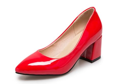 Frauen Spitz - Zehe Büro Pumps Block Heel Arbeitsschuhe Lackleder Formell Abschlussball Abend Party Absätze,Rot,36 EU von JZWBLDS