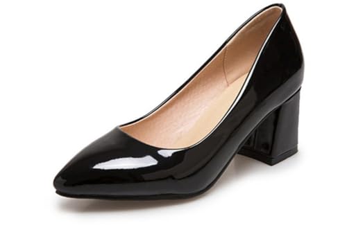 Frauen Spitz - Zehe Büro Pumps Block Heel Arbeitsschuhe Lackleder Formell Abschlussball Abend Party Absätze,Schwarz,41 EU von JZWBLDS