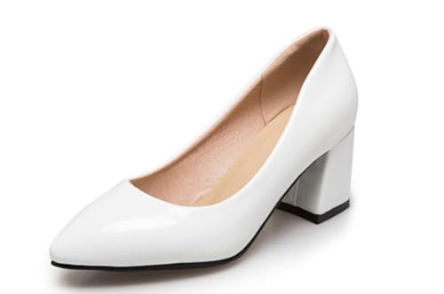 Frauen Spitz - Zehe Büro Pumps Block Heel Arbeitsschuhe Lackleder Formell Abschlussball Abend Party Absätze,Weiß,39 EU von JZWBLDS
