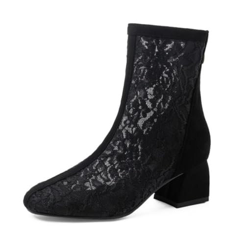 Frauen Spitze Mesh Braut Stiefeletten Low Block Heel Hochzeit & Gala Schuhe Zurück Reißverschluss Formelle Ballschuhe,Schwarz,39 EU von JZWBLDS