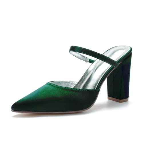 Frauen Spitze Zehenpartie Satin Pantoletten Blockabsatz Hochzeit Party Schuhe Slip-On Formell Abschlussball Abendkleid Pumps,Forest Green,35 EU von Generic