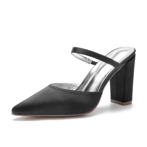 Frauen Spitze Zehenpartie Satin Pantoletten Blockabsatz Hochzeit Party Schuhe Slip-On Formell Abschlussball Abendkleid Pumps,Schwarz,37 EU von JZWBLDS