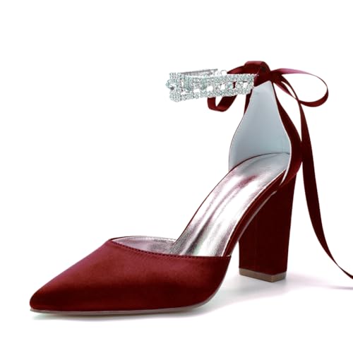 Frauen Strass Block Heel Brautkleid Schuhe Spitze Zehenpartie Knöchelriemen Pumps für Abendgalas,Burgundy,41 EU von JZWBLDS