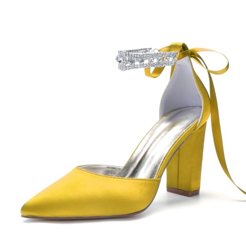Frauen Strass Block Heel Brautkleid Schuhe Spitze Zehenpartie Knöchelriemen Pumps für Abendgalas,Gelb,41 EU von JZWBLDS