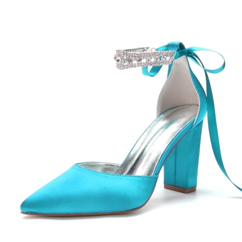 Frauen Strass Block Heel Brautkleid Schuhe Spitze Zehenpartie Knöchelriemen Pumps für Abendgalas,Turquoise,38 EU von JZWBLDS