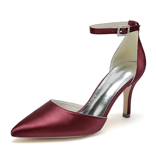 JZWBLDS Damen Satin Stiletto Heels Pointed Toe Knöchelriemen Hochzeitskleid Pumps Pointed Toe Prom Party Schuhe,Burgundy,38 EU von JZWBLDS