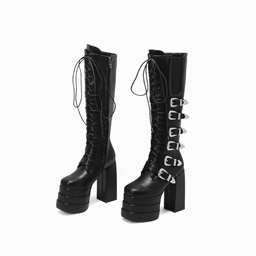 JZWBLDS Frauen Chunky Plattform Knie-hohe Stiefel Mode Goth Heeled Boots Runde Zehe Schnalle Punk Combat Boots,Black Matte,47 EU von JZWBLDS