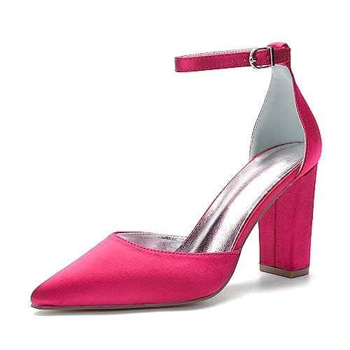 JZWBLDS Frauen Formell Satin Absätze Spitze Spitze Hochzeit Braut Pumps Block Absatz Abschlussball Abend Party Schuhe,Fuchsia,38 EU von JZWBLDS