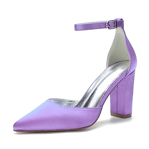 JZWBLDS Frauen Formell Satin Absätze Spitze Spitze Hochzeit Braut Pumps Block Absatz Abschlussball Abend Party Schuhe,Light Purple,40 EU von JZWBLDS