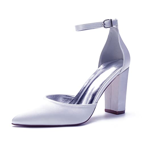 JZWBLDS Frauen Formell Satin Absätze Spitze Spitze Hochzeit Braut Pumps Block Absatz Abschlussball Abend Party Schuhe,Weiß,38 EU von JZWBLDS