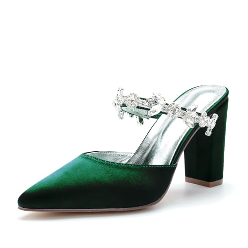 JZWBLDS Frauen Formell Veranstaltung Satin Pantoletten Blockabsatz Ballschuhe Strass Riemen Hochzeit Gast Hohe Sandalen,Forest Green,41 EU von JZWBLDS