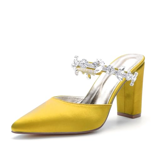 JZWBLDS Frauen Formell Veranstaltung Satin Pantoletten Blockabsatz Ballschuhe Strass Riemen Hochzeit Gast Hohe Sandalen,Gelb,41 EU von JZWBLDS