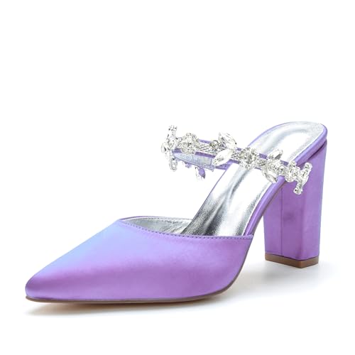 JZWBLDS Frauen Formell Veranstaltung Satin Pantoletten Blockabsatz Ballschuhe Strass Riemen Hochzeit Gast Hohe Sandalen,Light Purple,39 EU von JZWBLDS