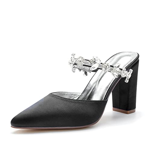 JZWBLDS Frauen Formell Veranstaltung Satin Pantoletten Blockabsatz Ballschuhe Strass Riemen Hochzeit Gast Hohe Sandalen,Schwarz,39 EU von JZWBLDS