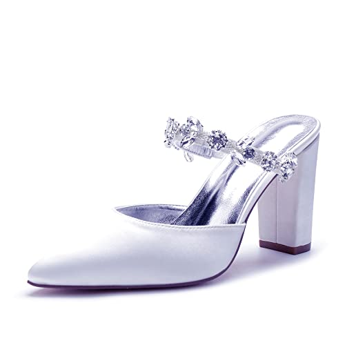JZWBLDS Frauen Formell Veranstaltung Satin Pantoletten Blockabsatz Ballschuhe Strass Riemen Hochzeit Gast Hohe Sandalen,Weiß,40 EU von JZWBLDS