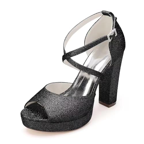 JZWBLDS Frauen Glitter Kreuz Strappy Hochzeit Sandalen Peep Toe Bridal Heels Block Heel Abend Party Kleid Schuhe,Schwarz,41 EU von JZWBLDS