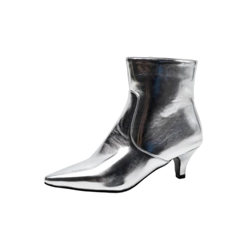 JZWBLDS Frauen Pointed Toe Leder Ankle Boots Mid Kitten Heel Work Kleid Booties,Silber,42 EU von JZWBLDS