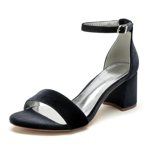 Samt Knöchel - Riemen Hochzeit Heels Brautsandalen Mit Blockabsatz Offene Spitze Abend- Und Partykleid Schuhe,Schwarz,41 EU von JZWBLDS