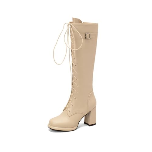 Schnürstiefel über dem Knie, Vintage-inspirierte Stiefel mit Blockabsatz und schwarzer Schnalle,Beige,48 EU von JZWBLDS