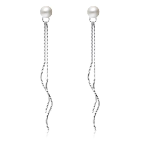 JZWCHQ 925 Sterling Silber Pearl Dangle Ohrring, Silber Quaste Ripple Ohrleitungsohrringe, einfache Bolzenbaumringe, Schmuck für Frauen Mädchen von JZWCHQ
