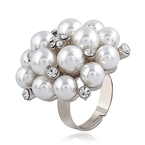 JZWCHQ Big Pearl Statement Ehering für Frauen Mädchen Vintage Crystal Faux Pearls Ball Blume Verstellbare Open Band Wrap Birthday Cocktail Party Ring Komfort Pass übertrieben Schmuck Geschenk von JZWCHQ