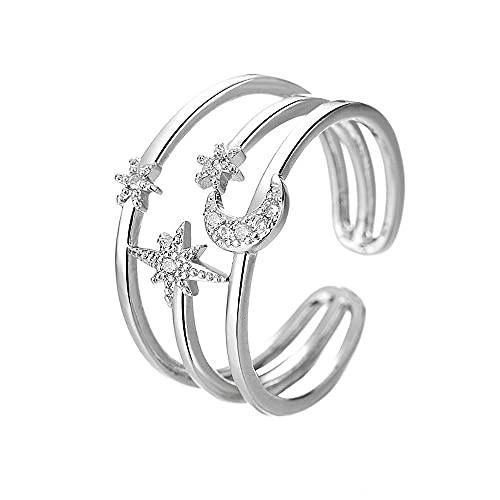 JZWCHQ Moon Star Sun Statement Silber verlegtes Ring für Frauen Engagement offene Bandringe verstellbar erweiterbarer Komfort Fit Hochzeit Versprechen Geburtstagsfeier Schmuck (dreifache Linien) von JZWCHQ
