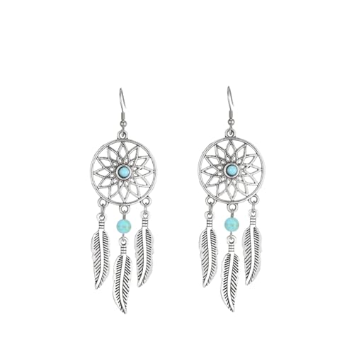 JZWCHQ Natursteinohrringe für Frauen - Retro Ethnisches Stil Muster hohl Feder türkis runder Perlen Anhänger, einfacher Natursteinohrring für Mädchen Geschenke Geburtstag UI von JZWCHQ